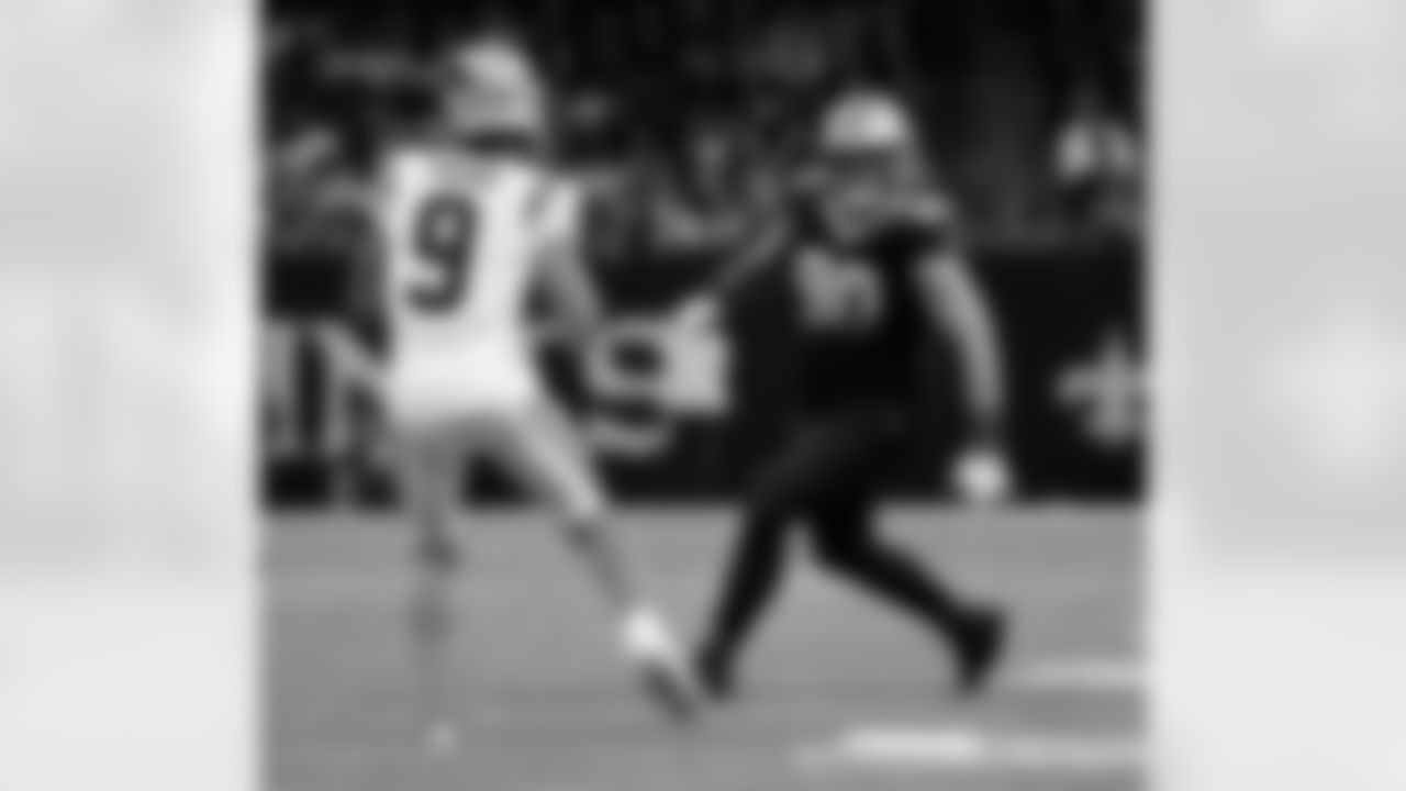 DT Bryan Bresee (90) runs to make a tackle during the New Orleans Saints game against the Carolina Panthers for Week 15 of the 2025 NFL season on Dec. 14, 2025 at the Caesars Superdome.