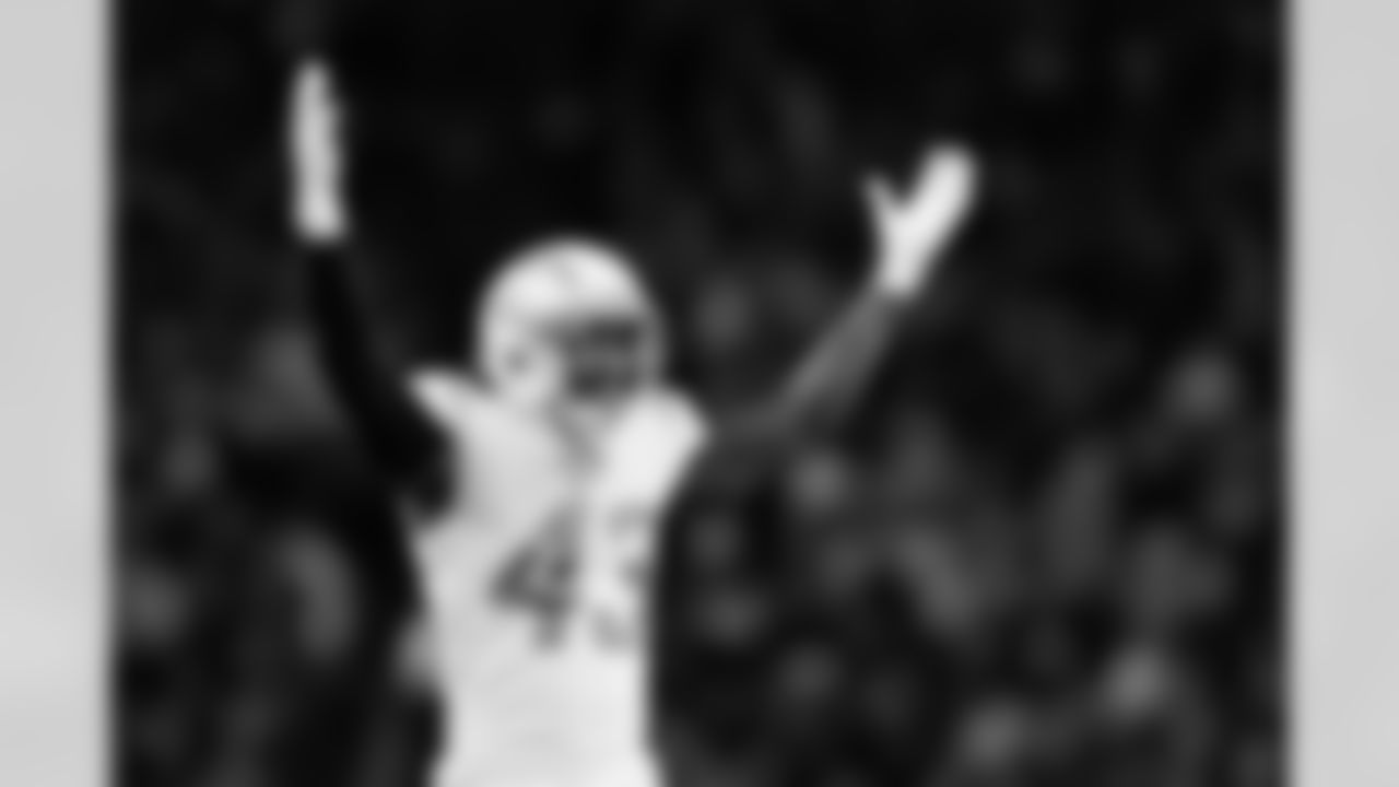 Los Angeles Chargers cornerback Michael Davis (43) celebrates during an NFL wild card playoff football game against the Jacksonville Jaguars, Saturday, Jan. 14, 2023, in Jacksonville, Fla. Jacksonville won 31-30.