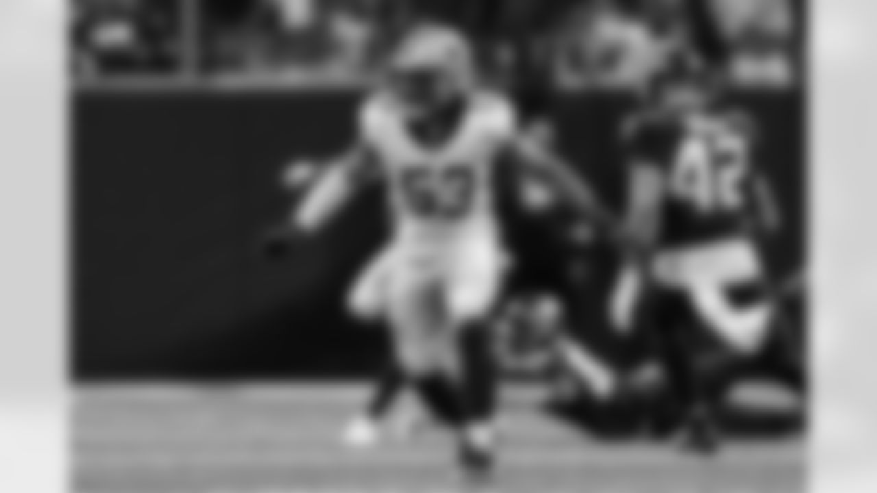 New Orleans Saints linebacker Jaylan Ford (53) works during the second half of an NFL football game against the Atlanta Falcons, Sunday, Jan. 4, 2026, in Atlanta.