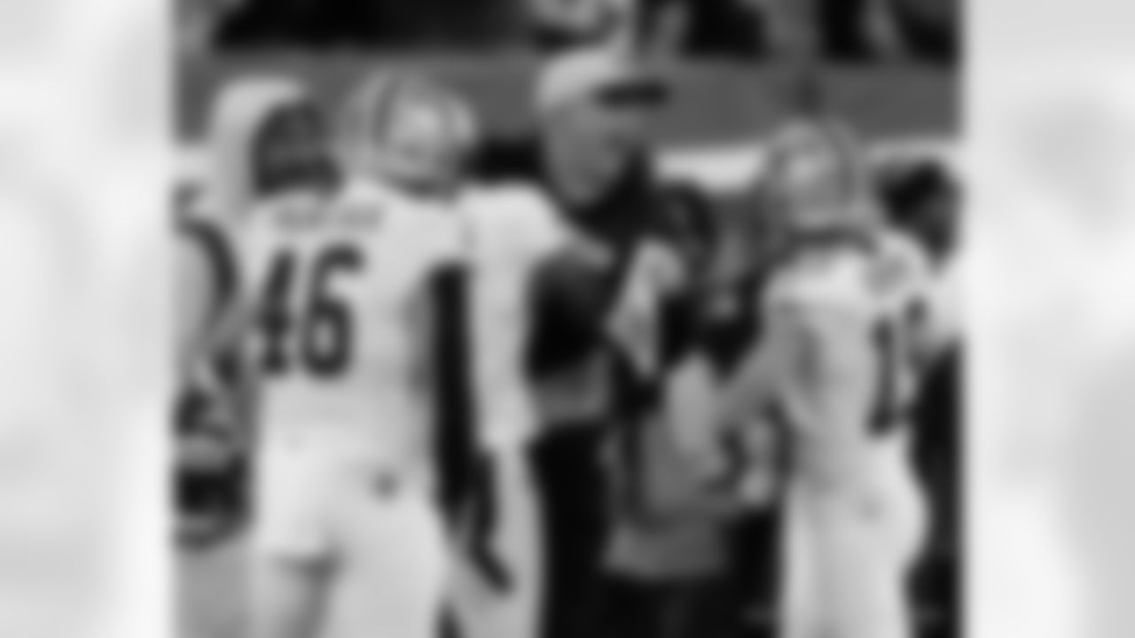 Saints and Interim Head Coach celebrate the win during the New Orleans Saints game against the New York Giants for Week 14 of the 2024 NFL Season on Dec. 8, 2024 at MetLife Stadium.