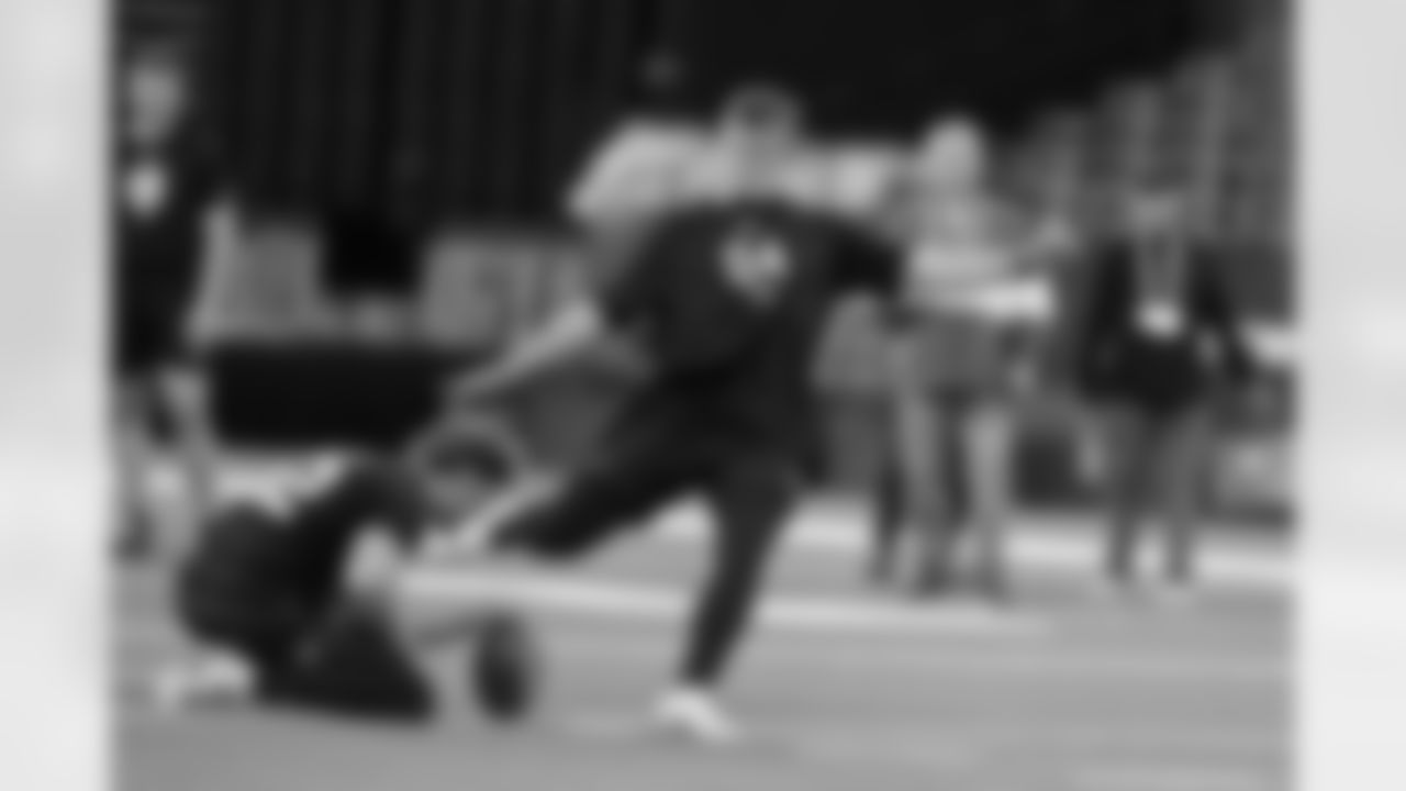 Iowa kicker Drew Stevens (04) kicks at the NFL football scouting combine in Indianapolis, Wednesday, Feb. 25, 2026.