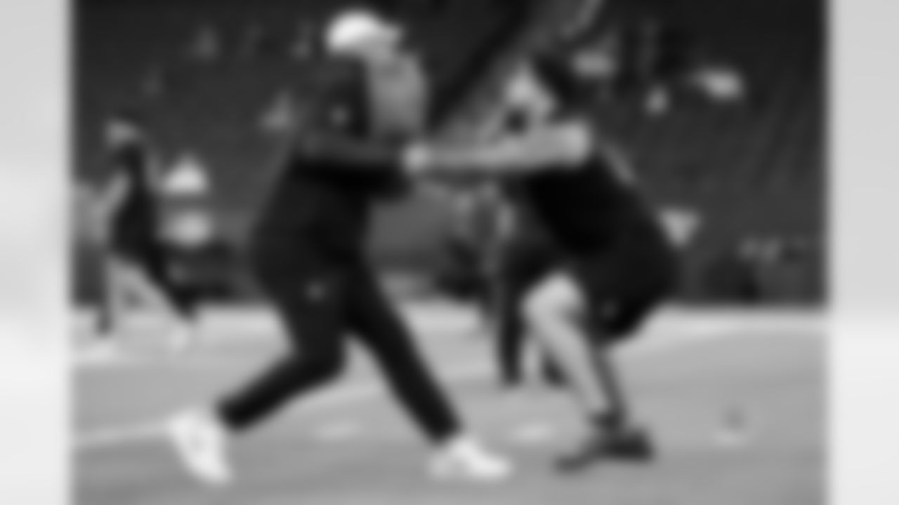 Texas A&M offensive lineman Chase Bisontis (05) participates in a drill during the 2026 NFL Scouting Combine on Sunday, March 1, 2026 in Indianapolis, Indiana.