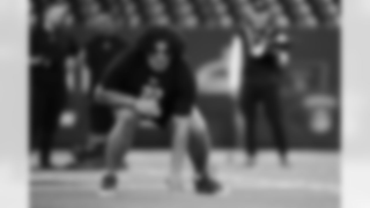 Utah offensive lineman Spencer Fano (22)  participates in a drill during the 2026 NFL Scouting Combine on Sunday, March 1, 2026 in Indianapolis, Indiana.