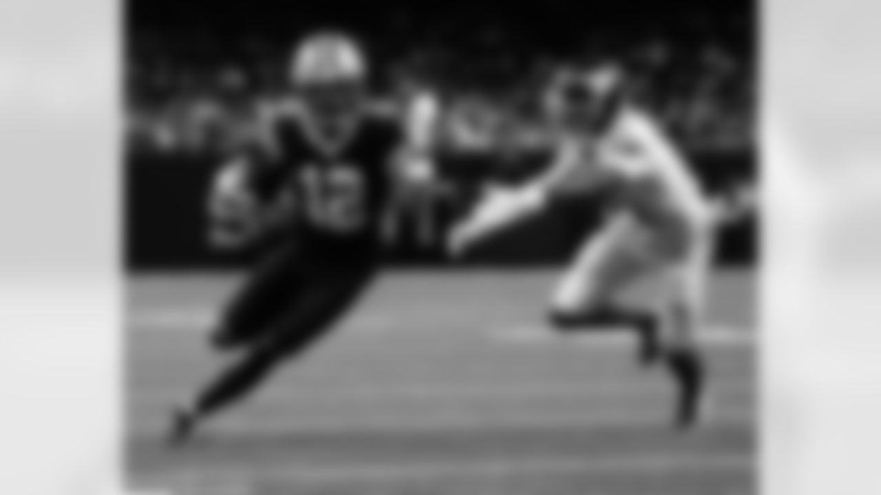 WR Chris Olave (12) runs with the ball during the New Orleans Saints game against the New York Giants for Week 5 of the 2025 NFL season on Oct. 5, 2025 at Caesars Superdome.