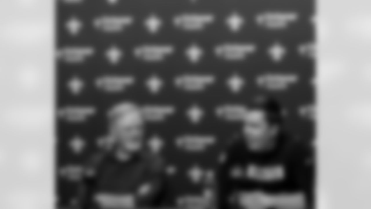 New Orleans Saints Executive Vice President/General Manager Mickey Loomis and head coach Kellen Moore speak with the media following the Saints 2025 NFL season on Jan. 7, 2026.