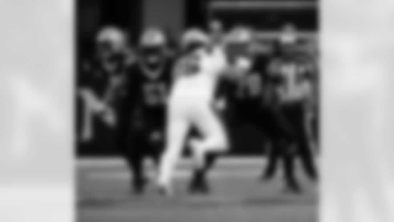 C/G Erik McCoy (78) and Cesar Ruiz (51) block during the New Orleans Saints game against the New England Patriots for Week 6 of the 2025 NFL season on October 12, 2025 at Caesars Superdome.