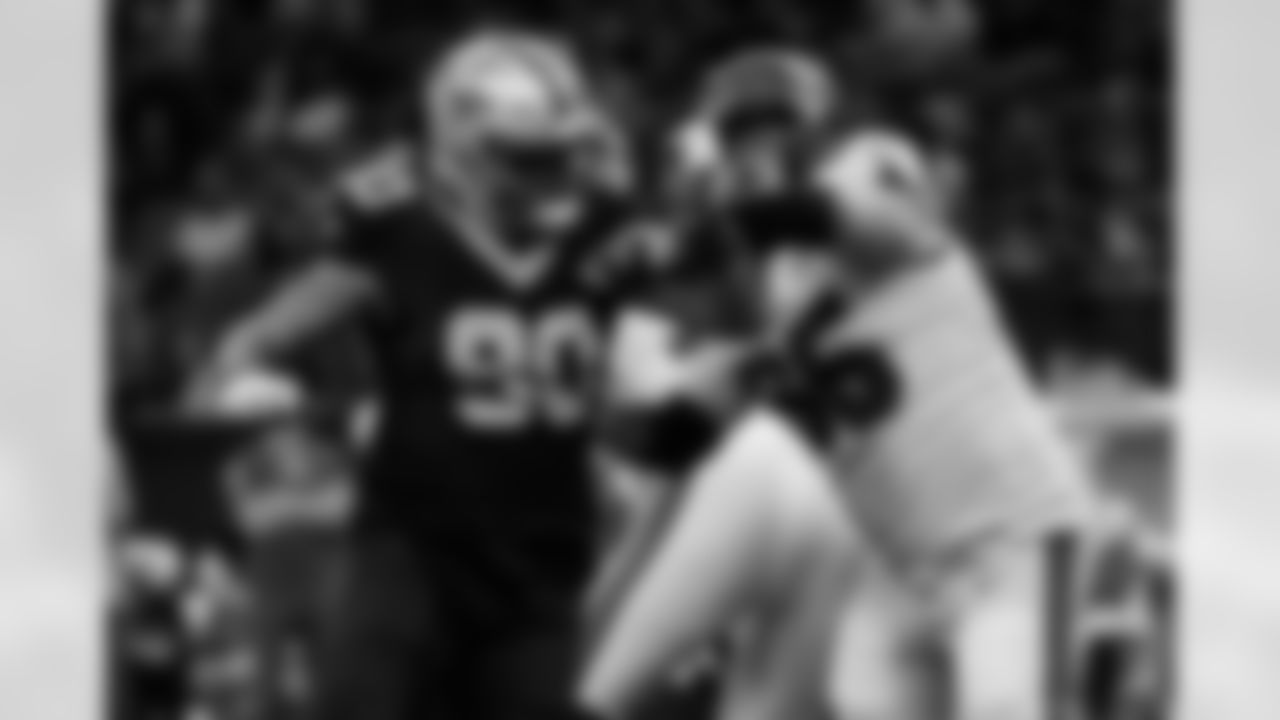 DT Bryan Bresee (90) blocks during the New Orleans Saints game against the Tampa Bay Buccaneers for Week 8 of the 2025 NFL season on Oct. 26, 2025 at the Caesars Superdome.