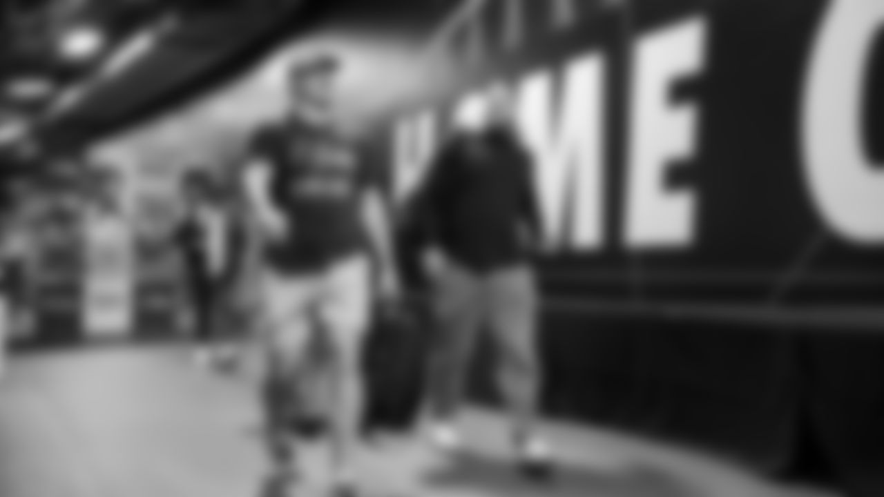 Seahawks guard Grey Zabel (76) and center Jalen Sundell (61) arrive at Lumen Field for the Week 10 matchup vs. the Arizona Cardinals.