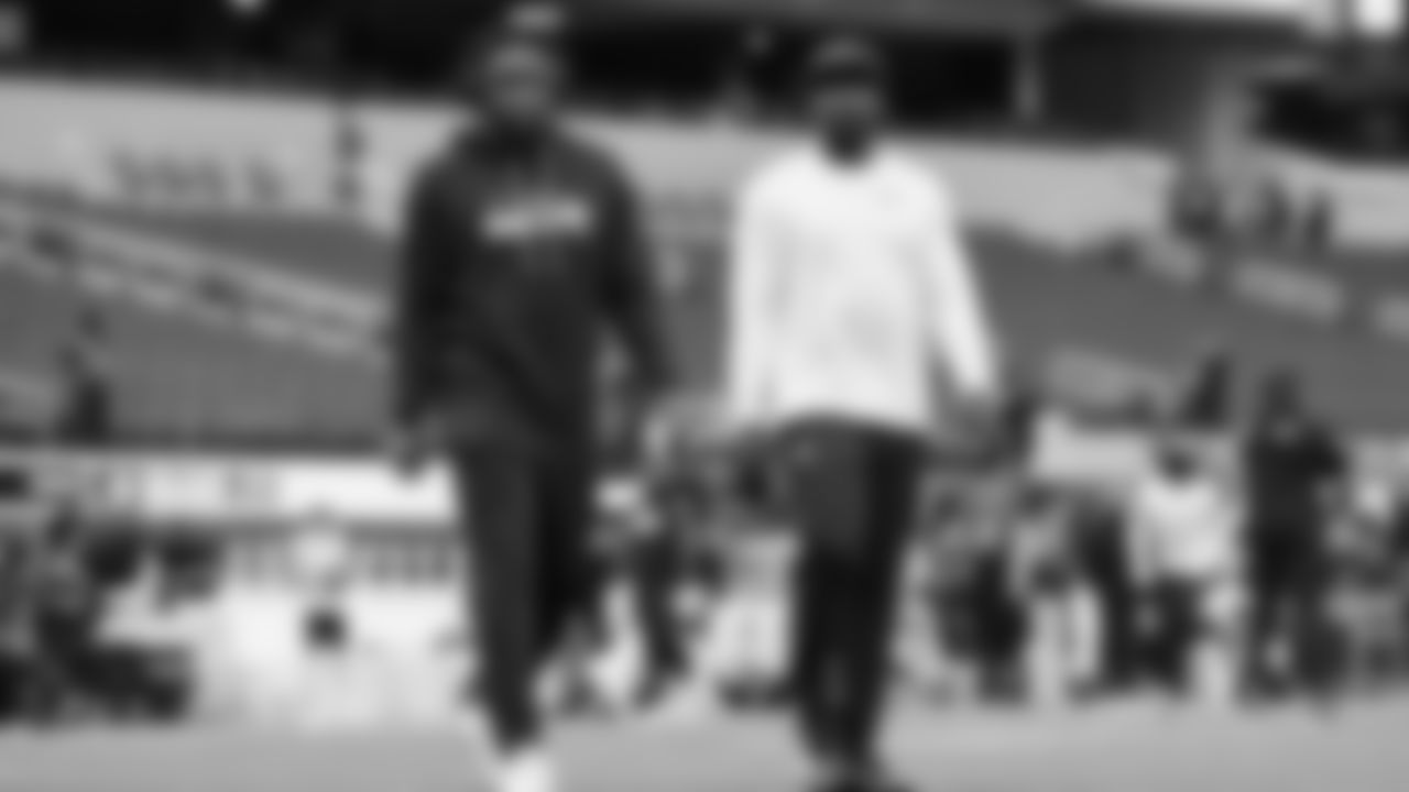 Seahawks linebacker Boye Mafe (53) and defensive end DeMarcus Lawrence (0) during pregame warmups at SoFi Stadium for the Week 11 matchup at the L.A. Rams.