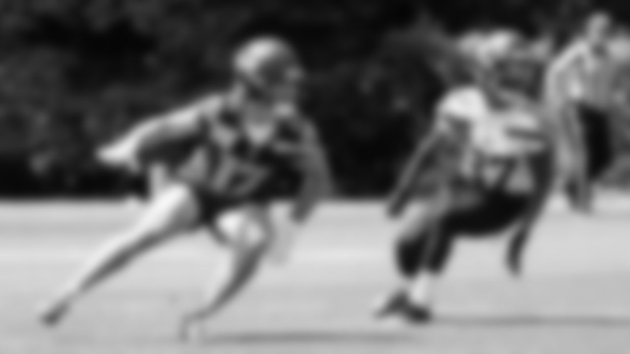 Seahawks wide receiver John Rhys Plumlee (17) participated in a workout on day four of OTAs on Monday, June 2, 2025 at the Virginia Mason Athletic Center.
