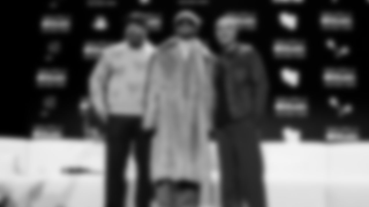 Apple Music's Ebro Darden and Zane Lowe pose for a photo with halftime performer Bad Bunny at the Apple Music Halftime Show press conference ahead of the Super Bowl 60 football game on Thursday, February 5, 2026 in San Francisco. (Kathryn Riley/NFL)