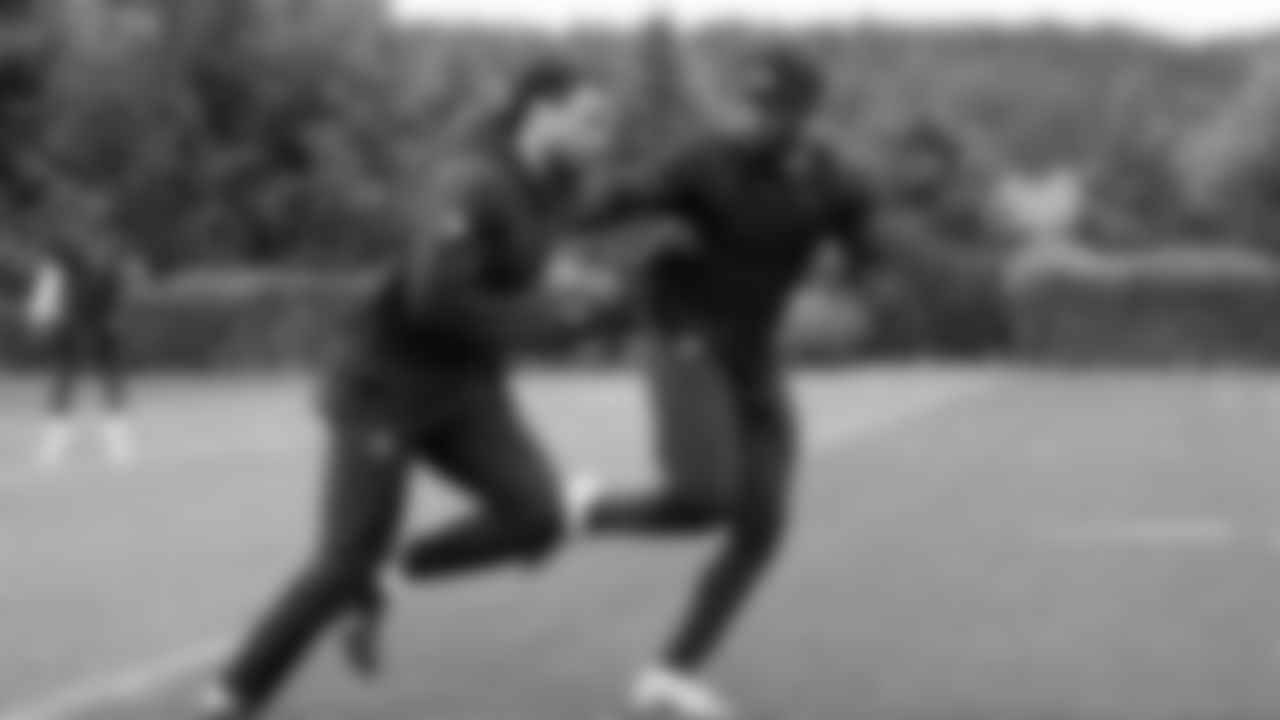 Seahawks cornerback Shemar Jean-Charles (34) and cornerback JT Woods (35) participated in a workout on May 21, 2025 at the Virginia Mason Athletic Center.