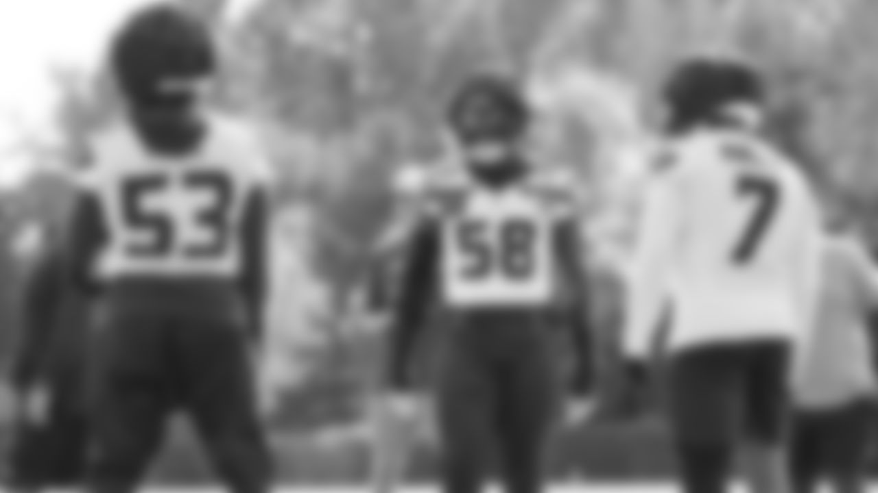 Seahawks linebacker Boye Mafe (53), linebacker Derick Hall (58) and linebacker Uchenna Nwosu (7) practiced on August 25, 2025 at the Virginia Mason Athletic Center.