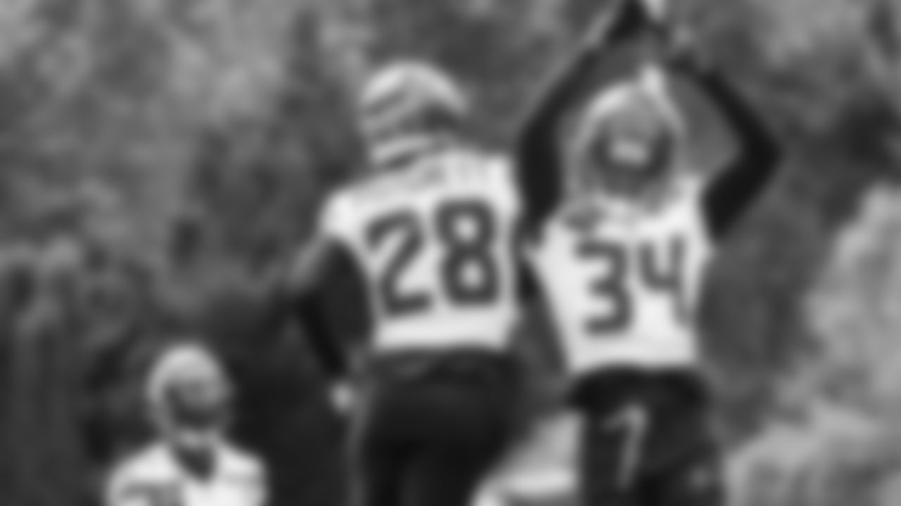 Seahawks cornerback Nehemiah Pritchett (28) and cornerback Shemar Jean-Charles (34) participated in a workout on day two of OTAs on Thursday, May 29, 2025 at the Virginia Mason Athletic Center.