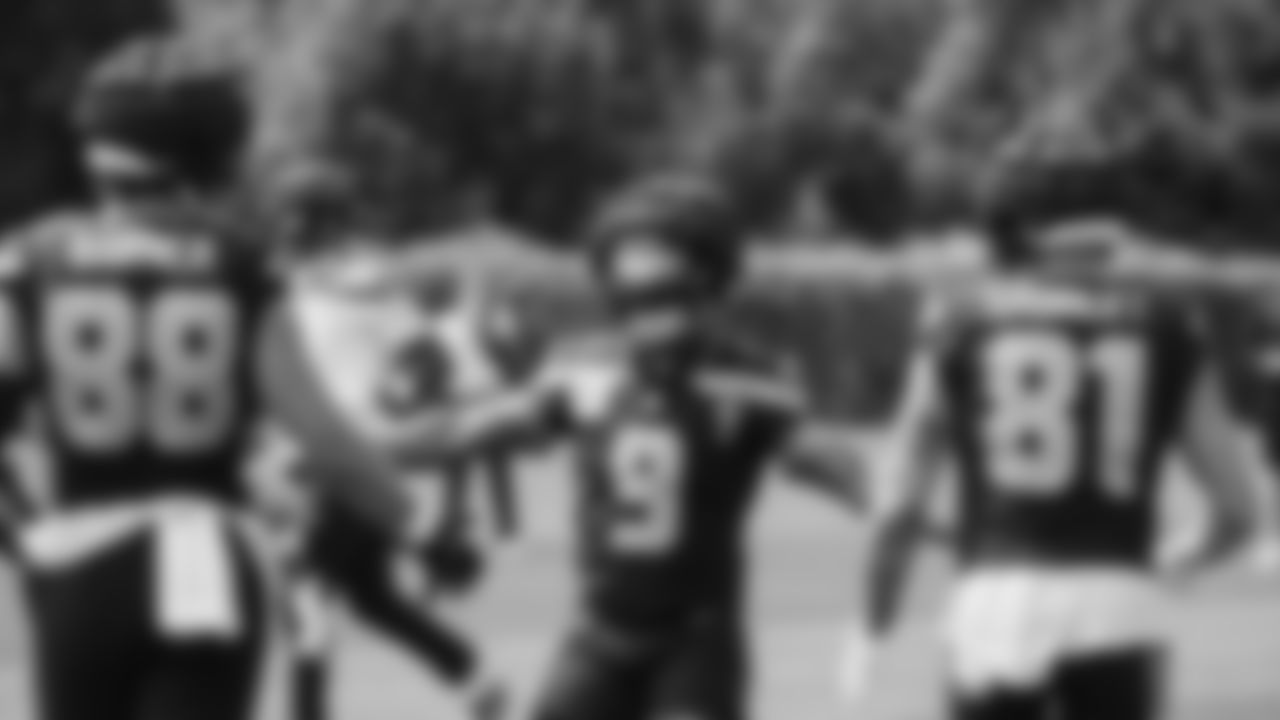 Seahawks tight end AJ Barner (88), running back Kenneth Walker III (9) and tight end Eric Saubert (81) practiced on day four of training camp on July 26, 2025 at the Virginia Mason Athletic Center.