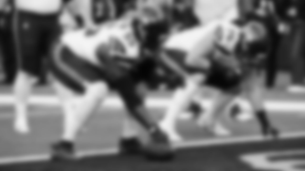 Seahawks center Olu Oluwatimi (55) and guard Grey Zabel (76) during pregame warmups at SoFi Stadium for the Week 11 matchup at the L.A. Rams.