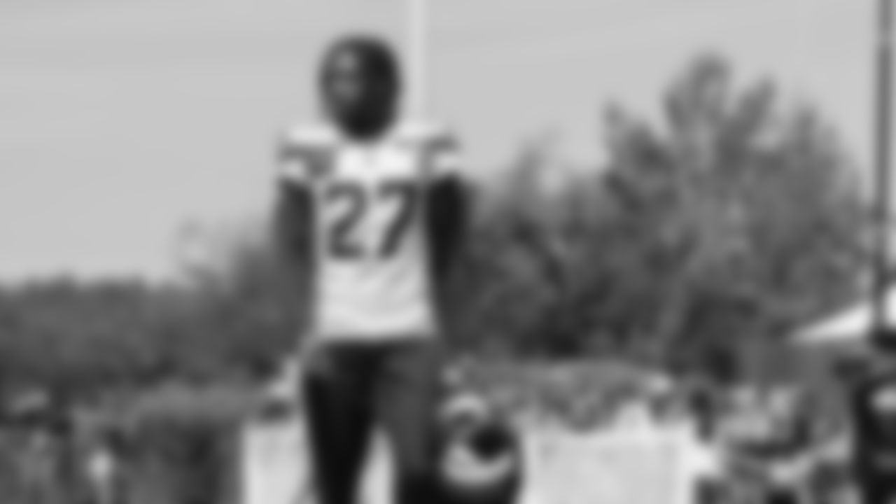 Seahawks cornerback Riq Woolen (27) practiced on August 1, 2025 at the Virginia Mason Athletic Center.