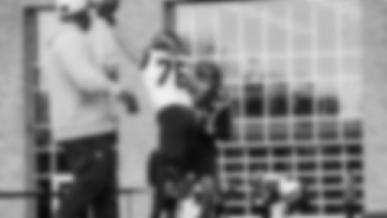 Seahawks defensive end Mike Morris (94) and guard Grey Zabel (76) practiced on Thursday, November 20 at the Virginia Mason Athletic Center.