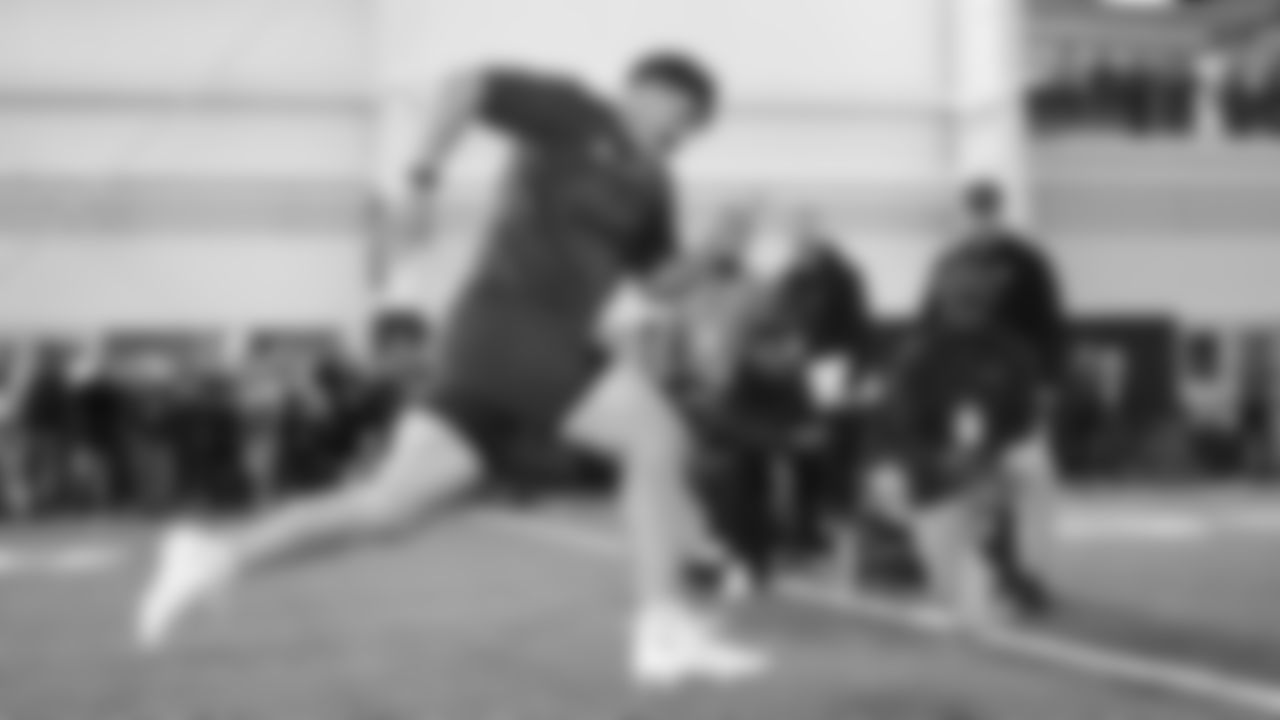 North Dakota State offensive lineman Grey Zabel takes part in the school's NFL football pro day, Thursday, March, 27, 2025, in Fargo, N.D. (AP Photo/Russell Hons)