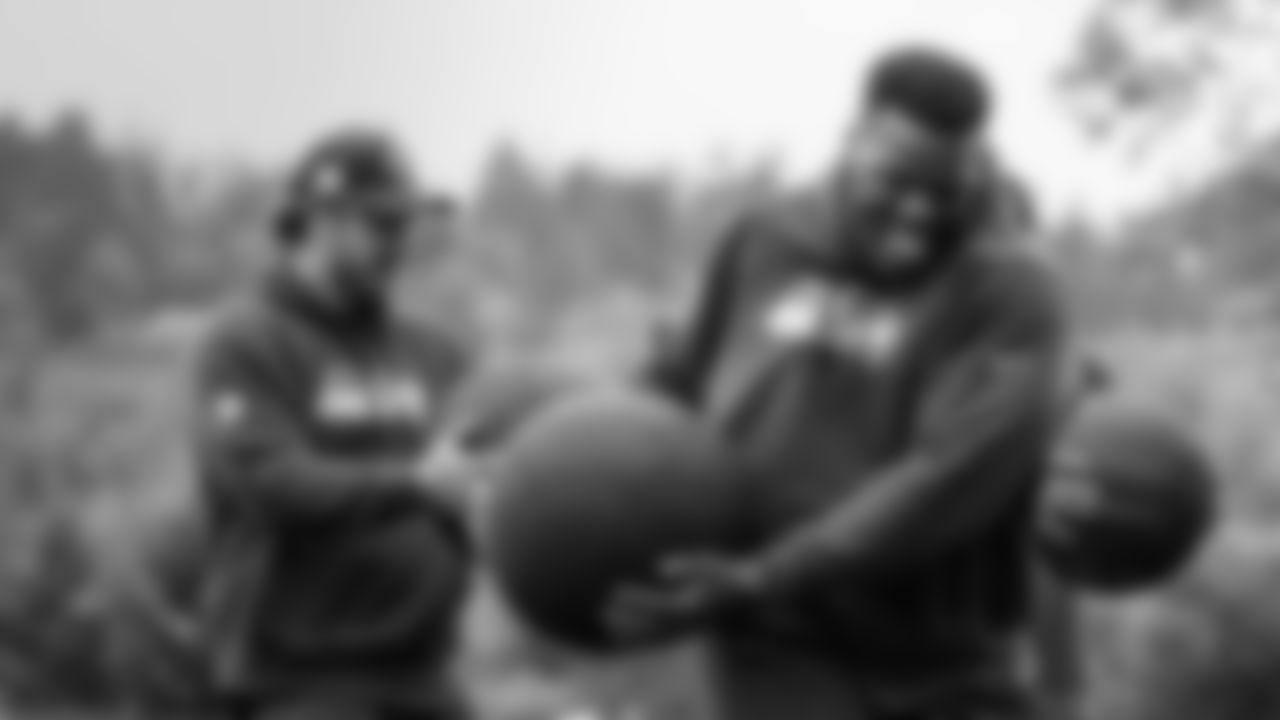 Seahawks center Olu Oluwatimi (55) participated in a workout on April 28, 2025 at the Virginia Mason Athletic Center.