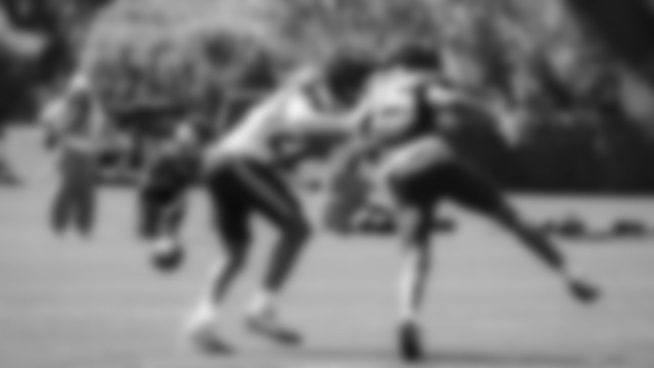 Seahawks cornerback Riq Woolen (27) and wide receiver Tory Horton (15) practiced on day five of training camp on July 28, 2025 at the Virginia Mason Athletic Center.