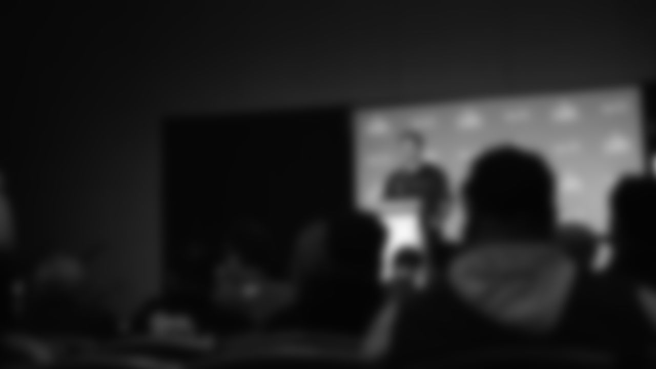 Seahawks head coach Mike Macdonald at day one of press conference Media Availability on February 3, 2026.