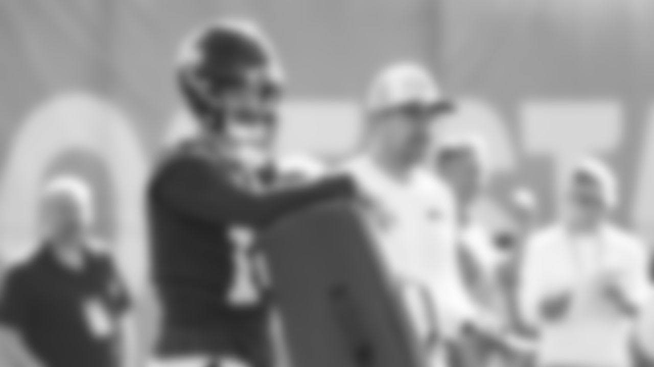 Seahawks quarterback Sam Darnold (14) and offensive coordinator Klint Kubiak at practiced on February 5, 2026 in San Jose, California.