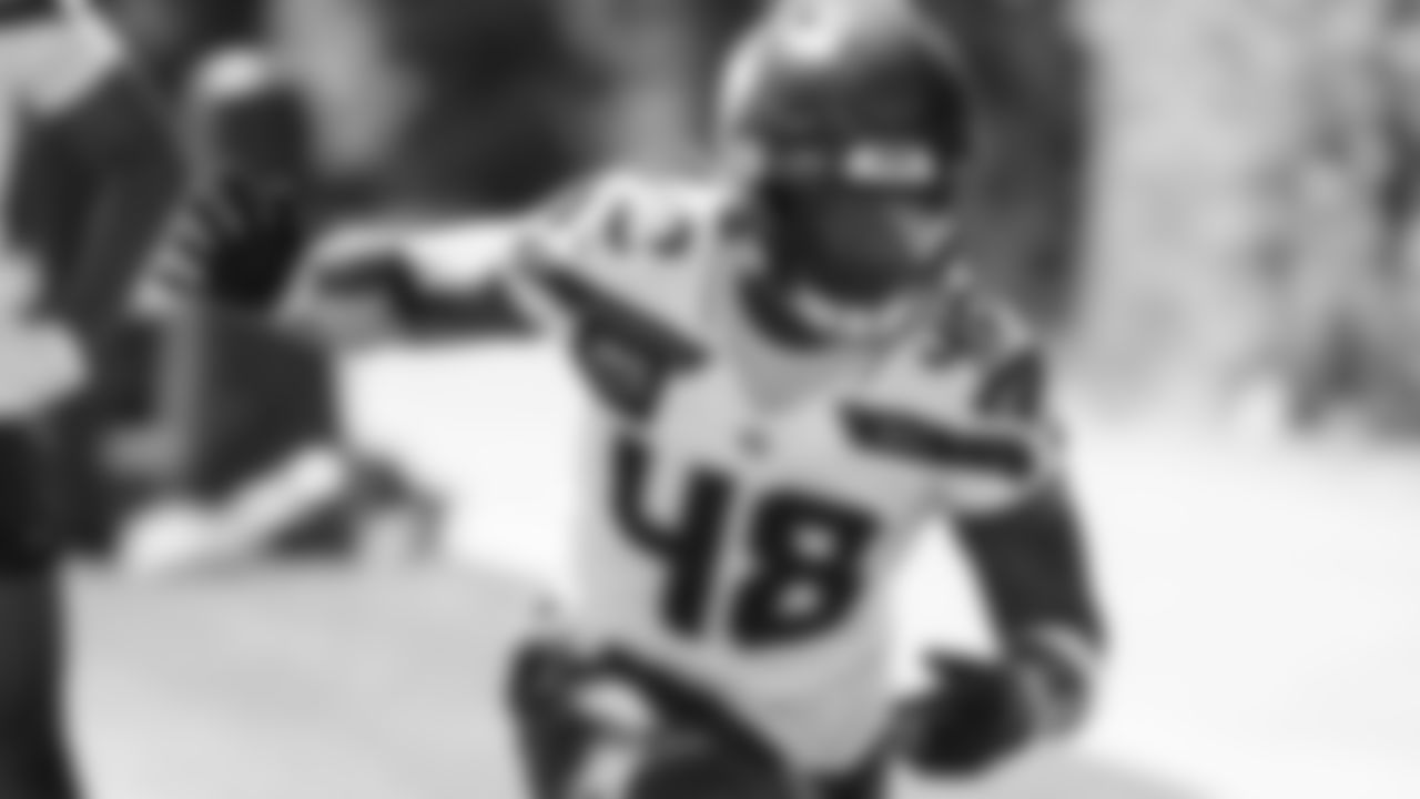 Seahawks linebacker Tyrice Knight (48) participated in a workout on day three of OTAs on Friday, May 30, 2025 at the Virginia Mason Athletic Center.