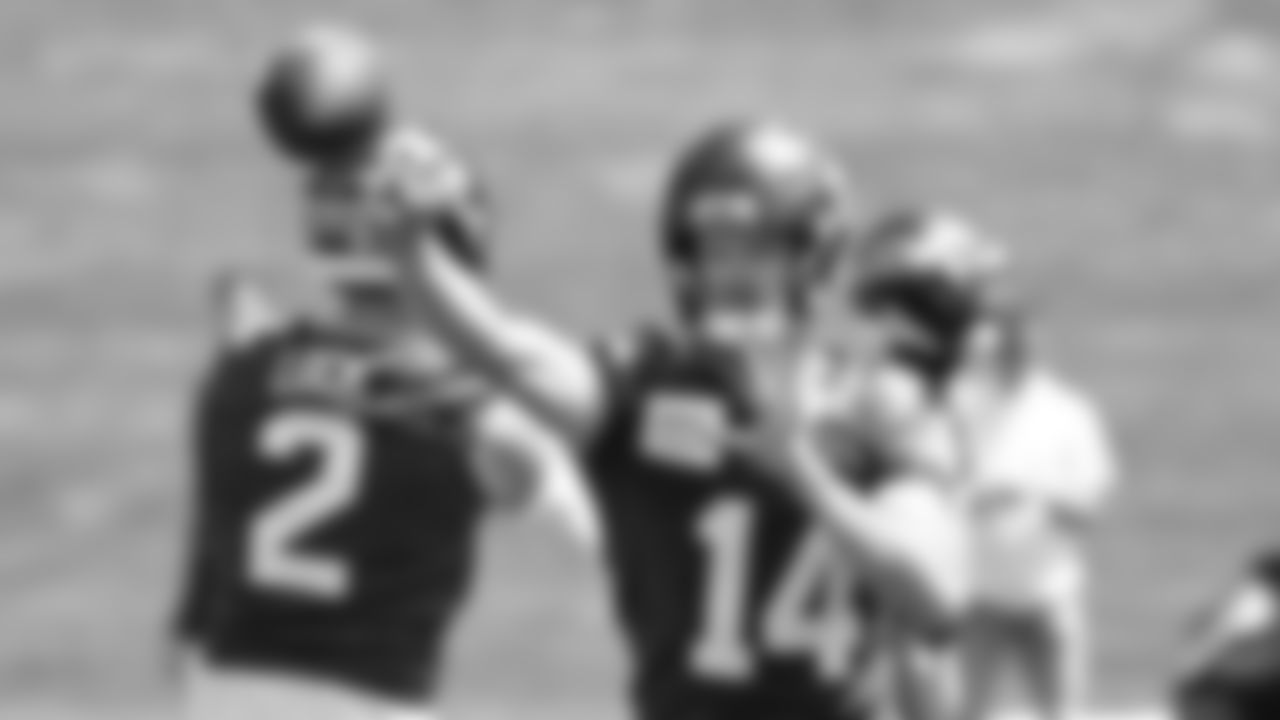 Seahawks quarterback Sam Darnold (14) participated in a workout on day one of OTAs on Tuesday, May 27, 2025 at the Virginia Mason Athletic Center.