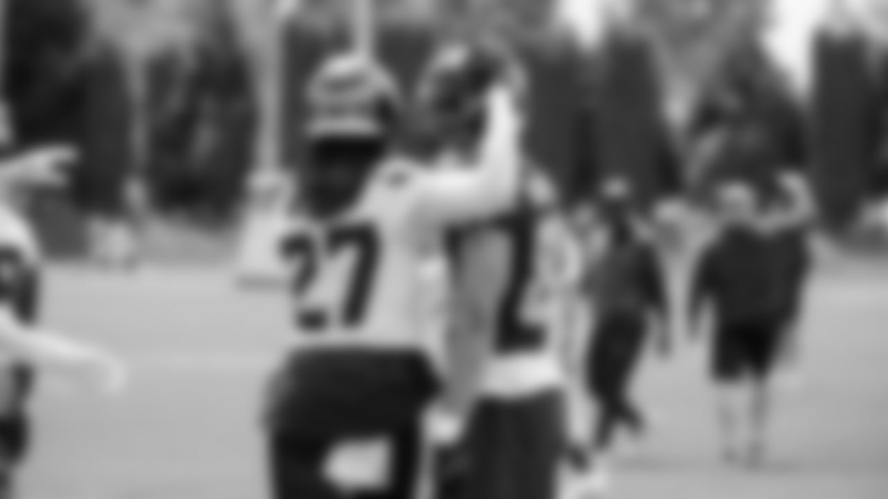 Seahawks cornerback Riq Woolen (27) and tight end AJ Barner (88) participated in a workout on day five of OTAs on Wednesday, June 4, 2025 at the Virginia Mason Athletic Center.