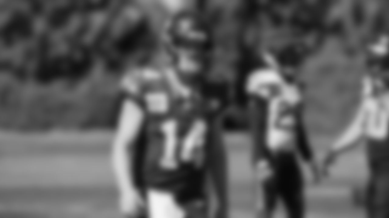 Seahawks quarterback Sam Darnold (14) practiced on August 10, 2025 at the Virginia Mason Athletic Center.