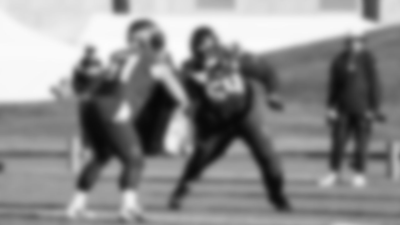 Seahawks center Jalen Sundell (61) and guard Christian Haynes (64) practiced on Wednesday, January 21, 2026 at the Virginia Mason Athletic Center.