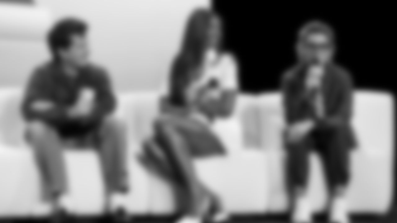 Charlie Puth, Coco Jones and Brandi Carlile answer questions at the Apple Music Halftime Show press conference ahead of the Super Bowl 60 football game on Thursday, February 5, 2026 in San Francisco. (Logan Bowles/NFL)