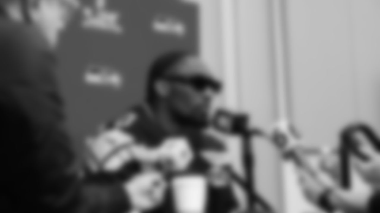 Seahawks defensive end DeMarcus Lawrence (0) at day three of press conference media availability on February 5, 2026.