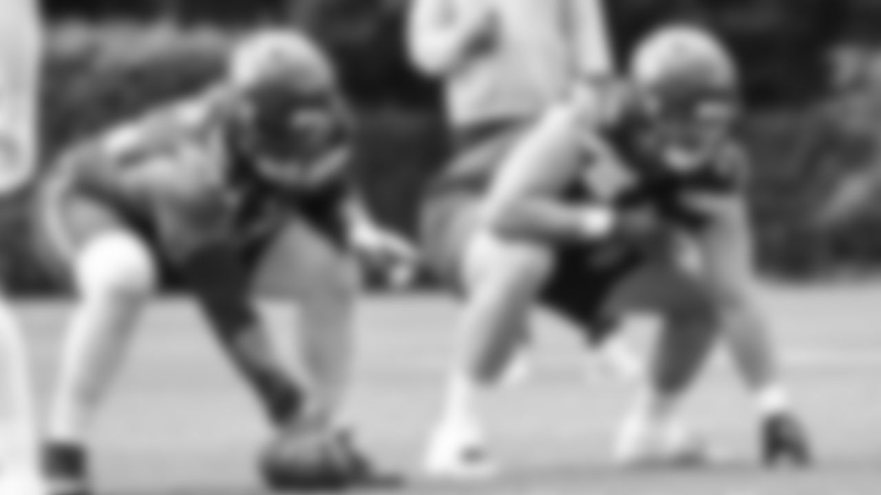 Seahawks center Olu Oluwatimi (55) and guard Grey Zabel (76) participated in a workout on day two of OTAs on Thursday, May 29, 2025 at the Virginia Mason Athletic Center.