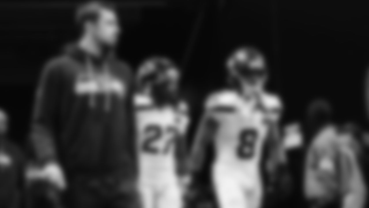 Seahawks safety Coby Bryant (8) warms up at Mercedes-Benz Stadium for the Week 14 matchup vs. the Atlanta Falcons.