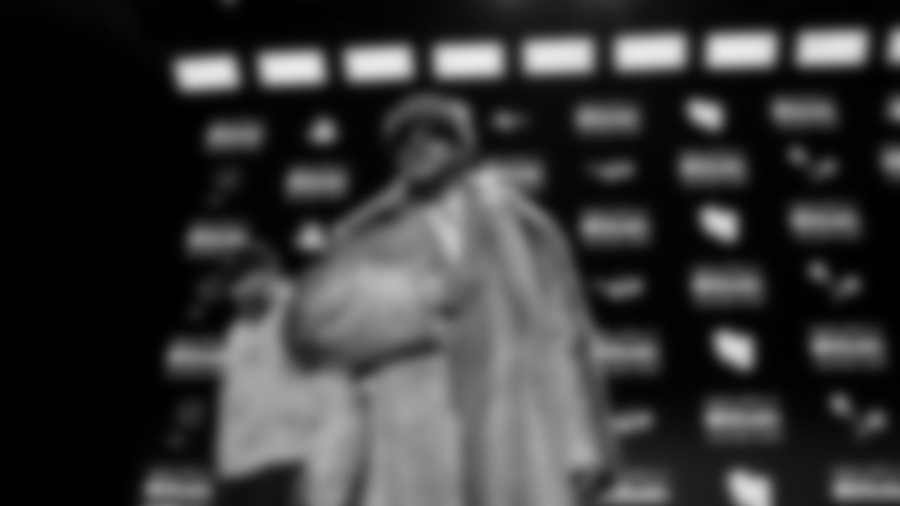 Halftime performer Bad Bunny walks off the stage following the Apple Music Halftime Show press conference ahead of the Super Bowl 60 football game on Thursday, February 5, 2026 in San Francisco. (Kathryn Riley/NFL)