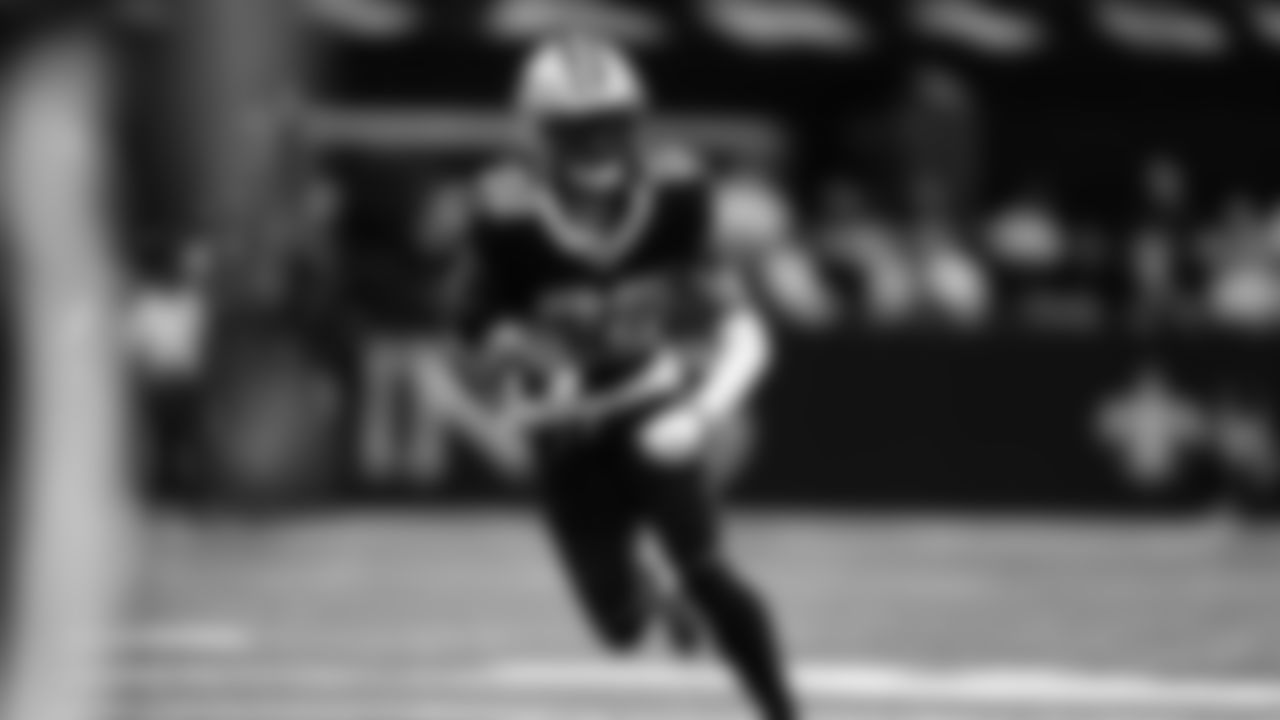 New Orleans Saints wide receiver Rashid Shaheed (22) runs the ball during an NFL football game against the Jacksonville Jaguars, Thursday, Oct. 19, 2023, in New Orleans. The Jaguars won 31-24. (Perry Knotts via AP)