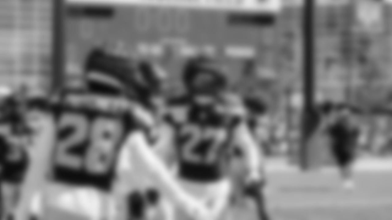 Seahawks cornerback Riq Woolen (27) participated in a joint practice with the Packers at Ray Nitschke Field in Green Bay, Wisconsin.