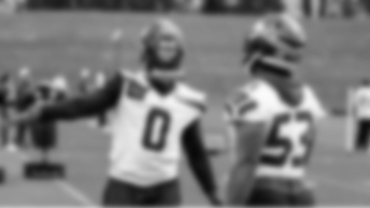 Seahawks defensive end DeMarcus Lawrence (0) and linebacker Boye Mafe (53) participated in a workout on day two of OTAs on Thursday, May 29, 2025 at the Virginia Mason Athletic Center.