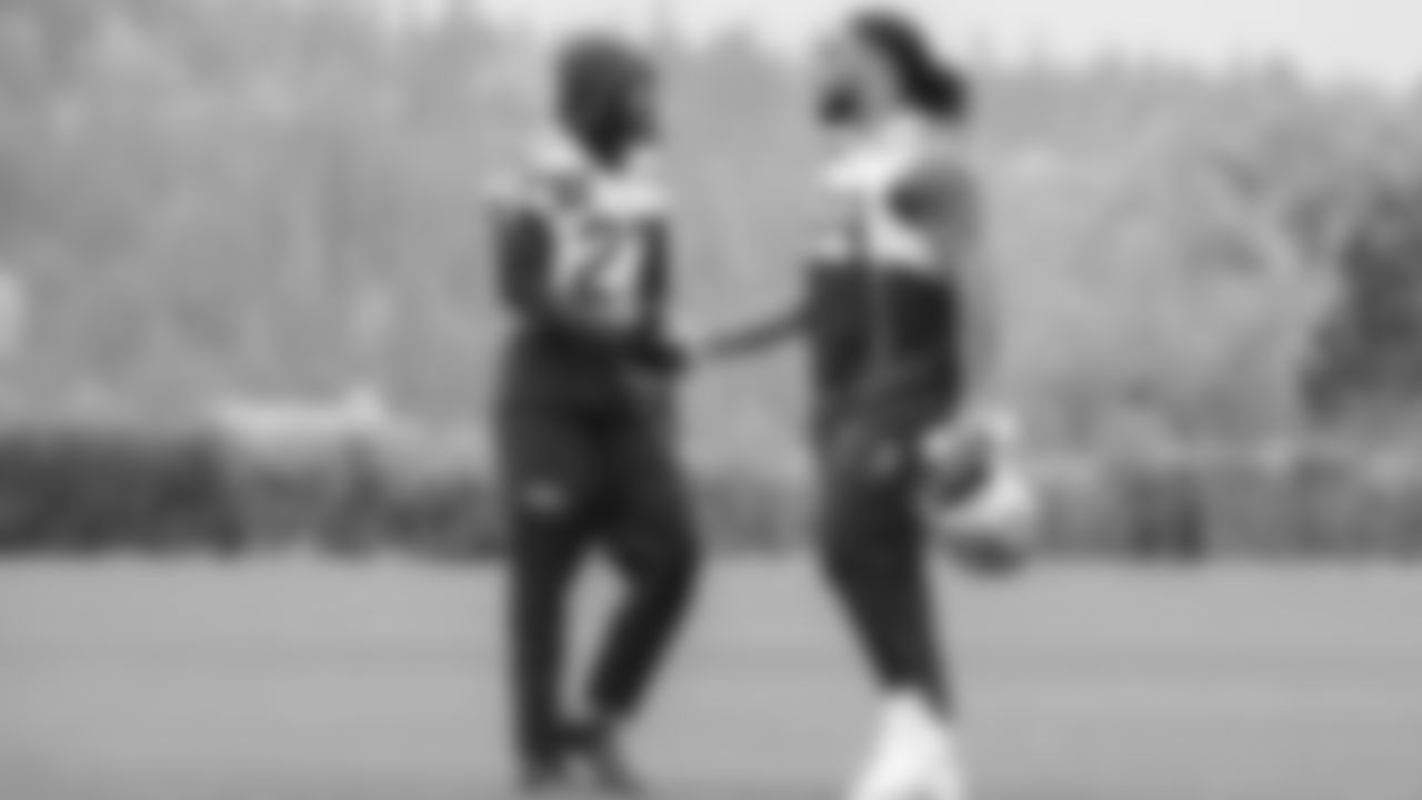 Seahawks cornerback Riq Woolen (27) and defensive end Leonard Williams (99) practiced on Friday, October 31, 2025 at the Virginia Mason Athletic Center.