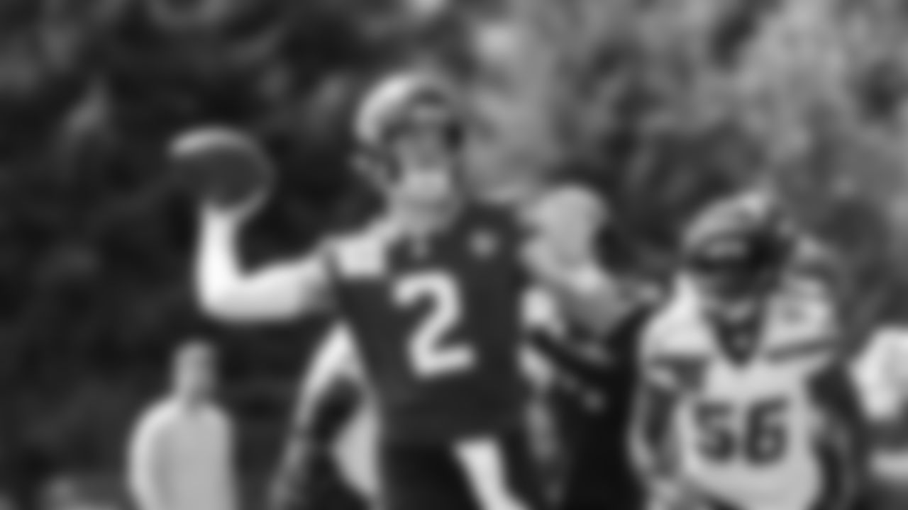 Seahawks quarterback Drew Lock (2) practiced on day four of training camp on July 26, 2025 at the Virginia Mason Athletic Center.