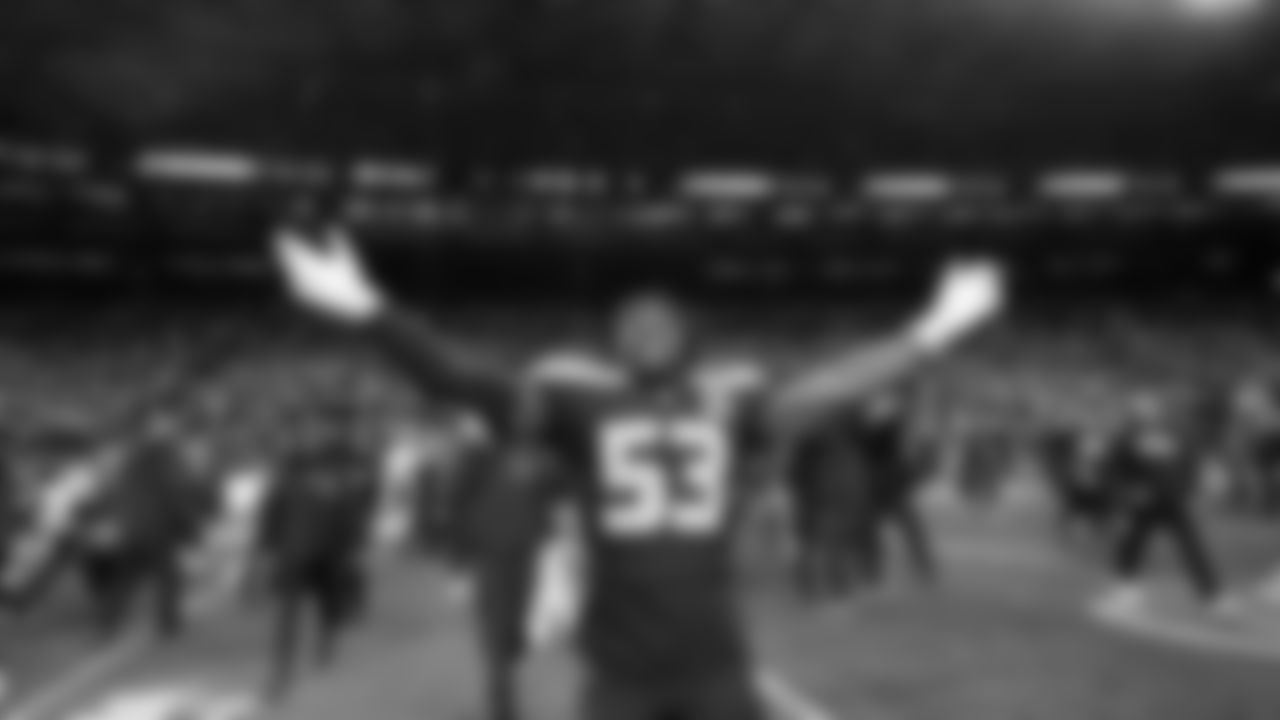 Seattle Seahawks linebacker Boye Mafe (53) celebrates after the NFC Championship NFL football game against the Los Angeles Rams, Sunday, Jan. 25, 2026, in Seattle. (AP Photo/Godofredo A. Vásquez)