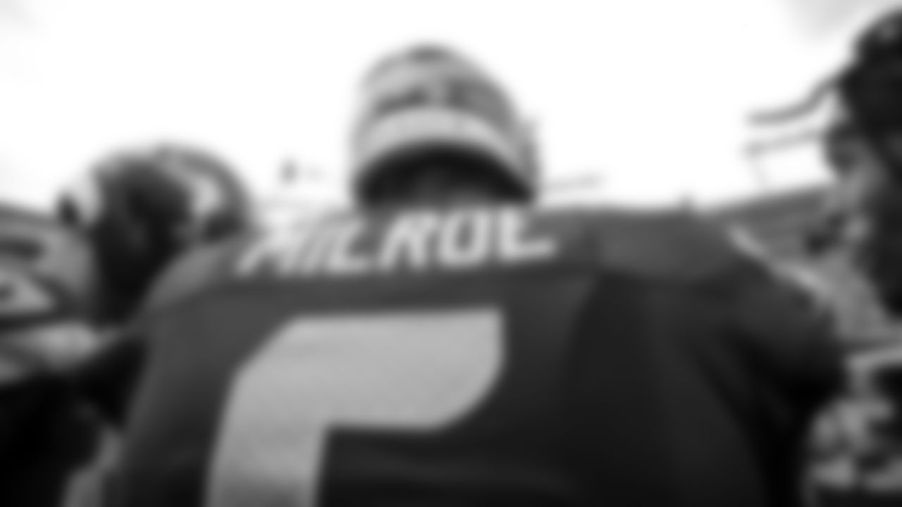 Seahawks quarterback Jalen Milroe (6) warms up at Lambeau Field for the preseason Week 3 matchup vs. the Green Bay Packers.