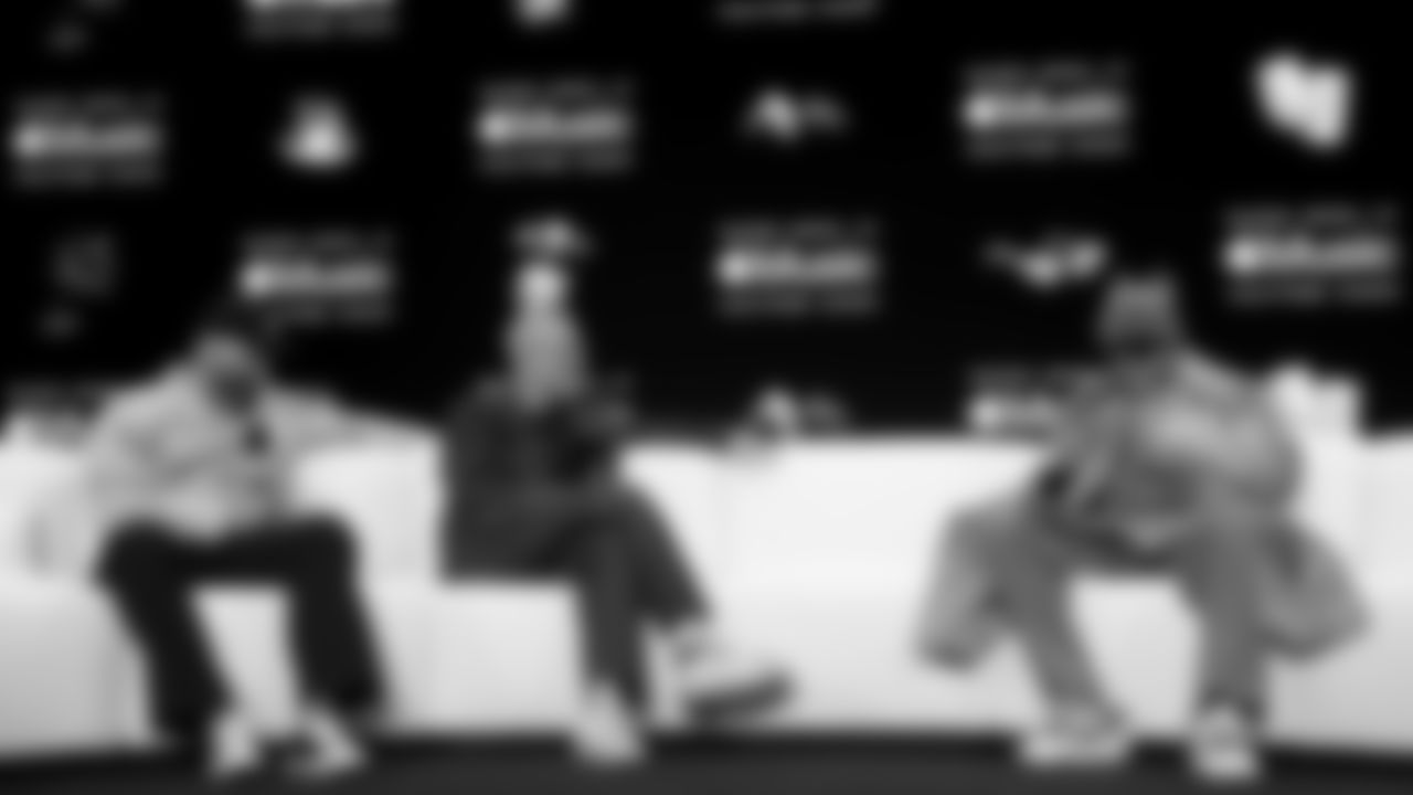 Apple Music's Ebro Darden and Zane Lowe interview halftime performer Bad Bunny at the Apple Music Halftime Show press conference ahead of the Super Bowl 60 football game on Thursday, February 5, 2026 in San Francisco. (Kathryn Riley/NFL)