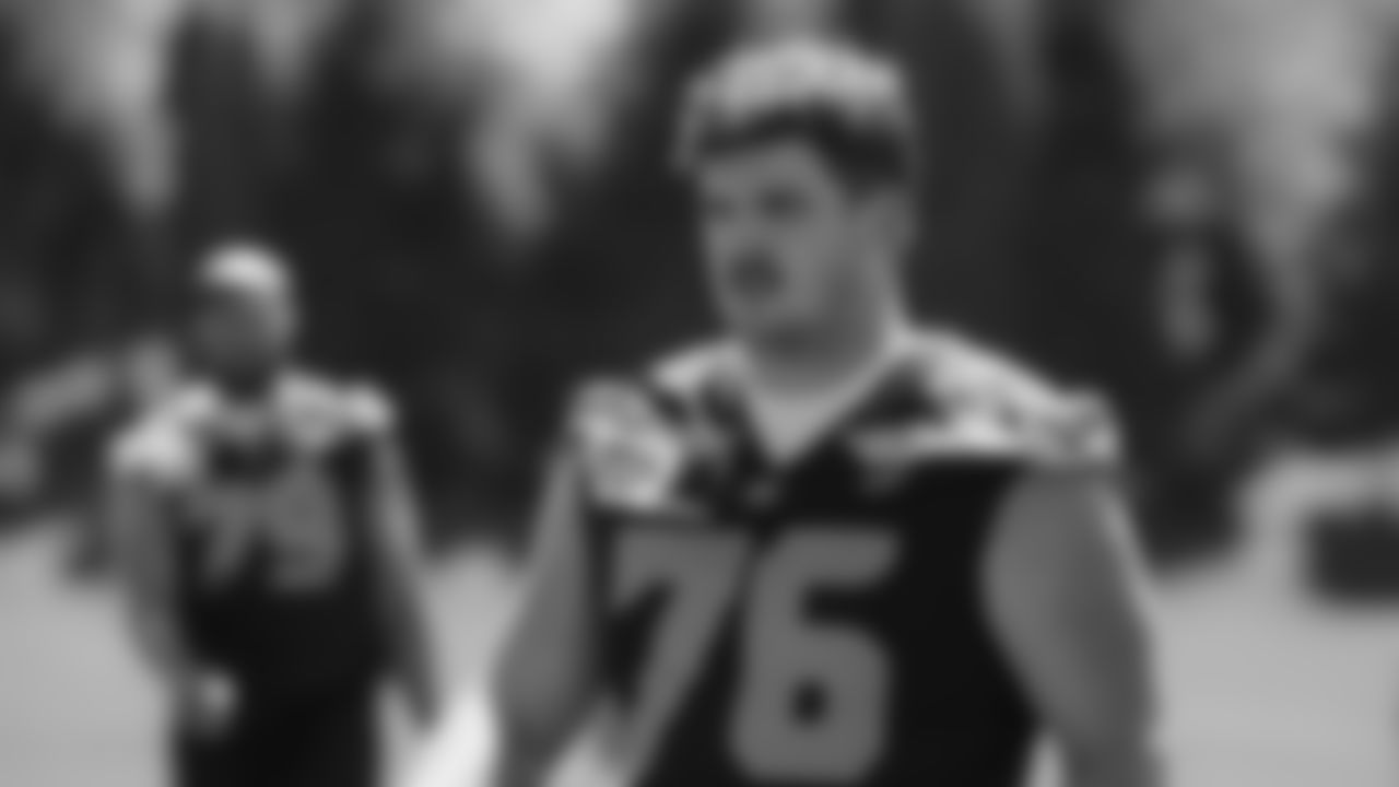 Seahawks guard Grey Zabel (76) practiced on day two of training camp on July 24, 2025 at the Virginia Mason Athletic Center.