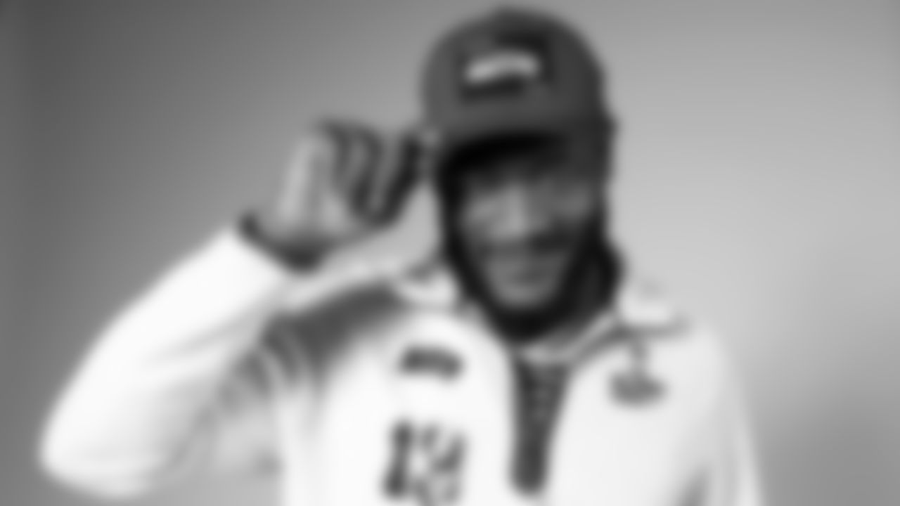 Seahawks linebacker Ernest Jones IV (13) during Super Bowl LX Opening Night media day on February 2, 2026.