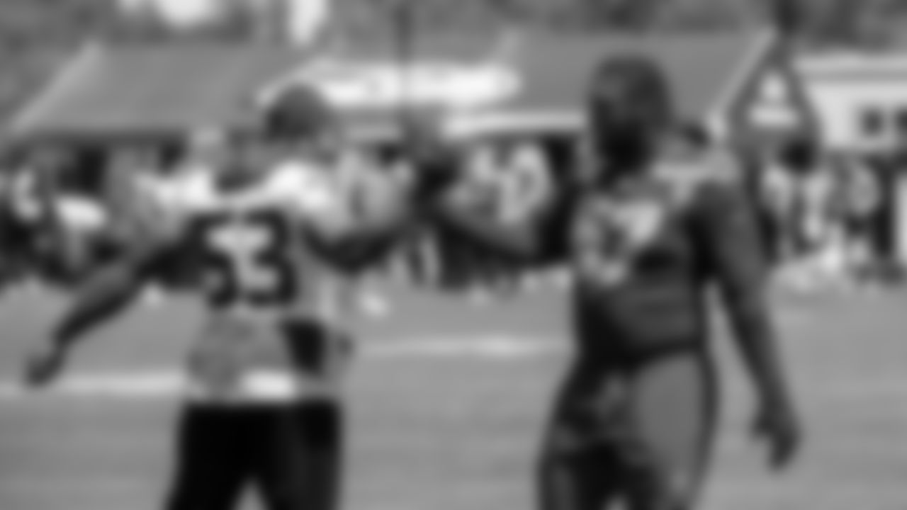 Seahawks linebacker Boye Mafe (53) and tackle Charles Cross (67) participated in a workout on day one of OTAs on Tuesday, May 27, 2025 at the Virginia Mason Athletic Center.