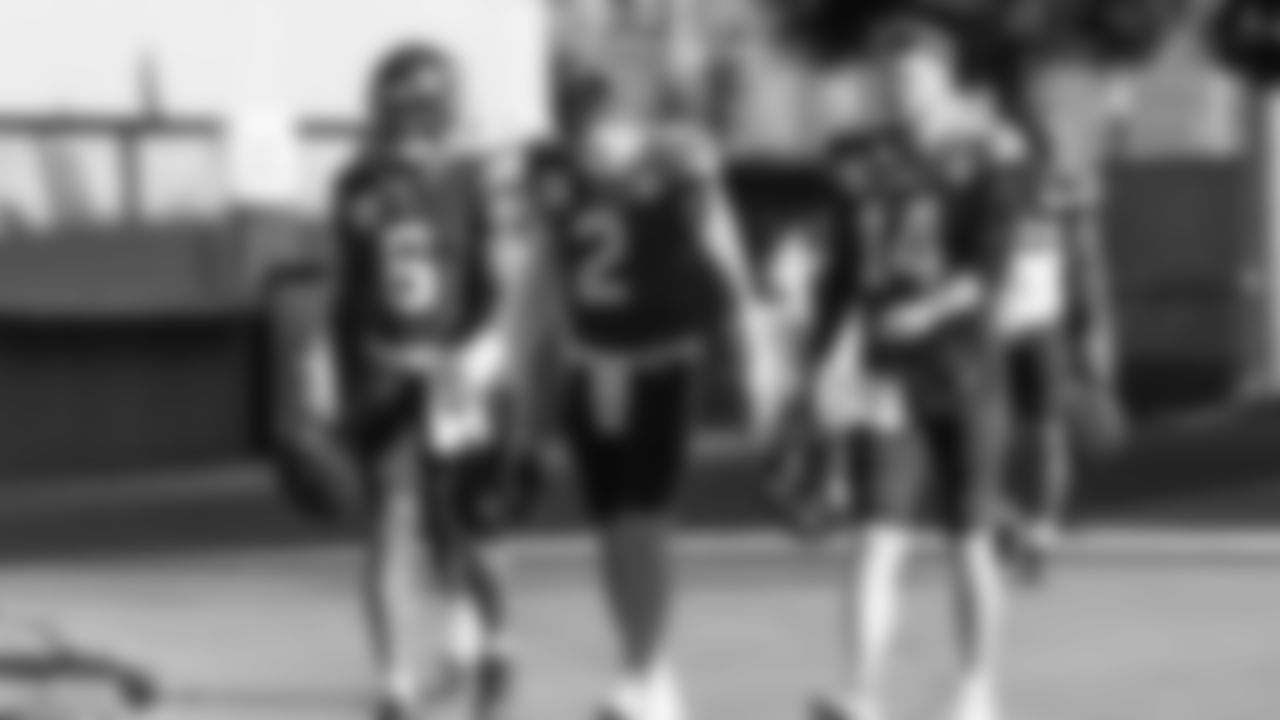 Seahawks quarterback Jalen Milroe (6), quarterback Drew Lock (2) and quarterback Sam Darnold (14) practiced on Wednesday, February 4, 2026 in San Jose, California.