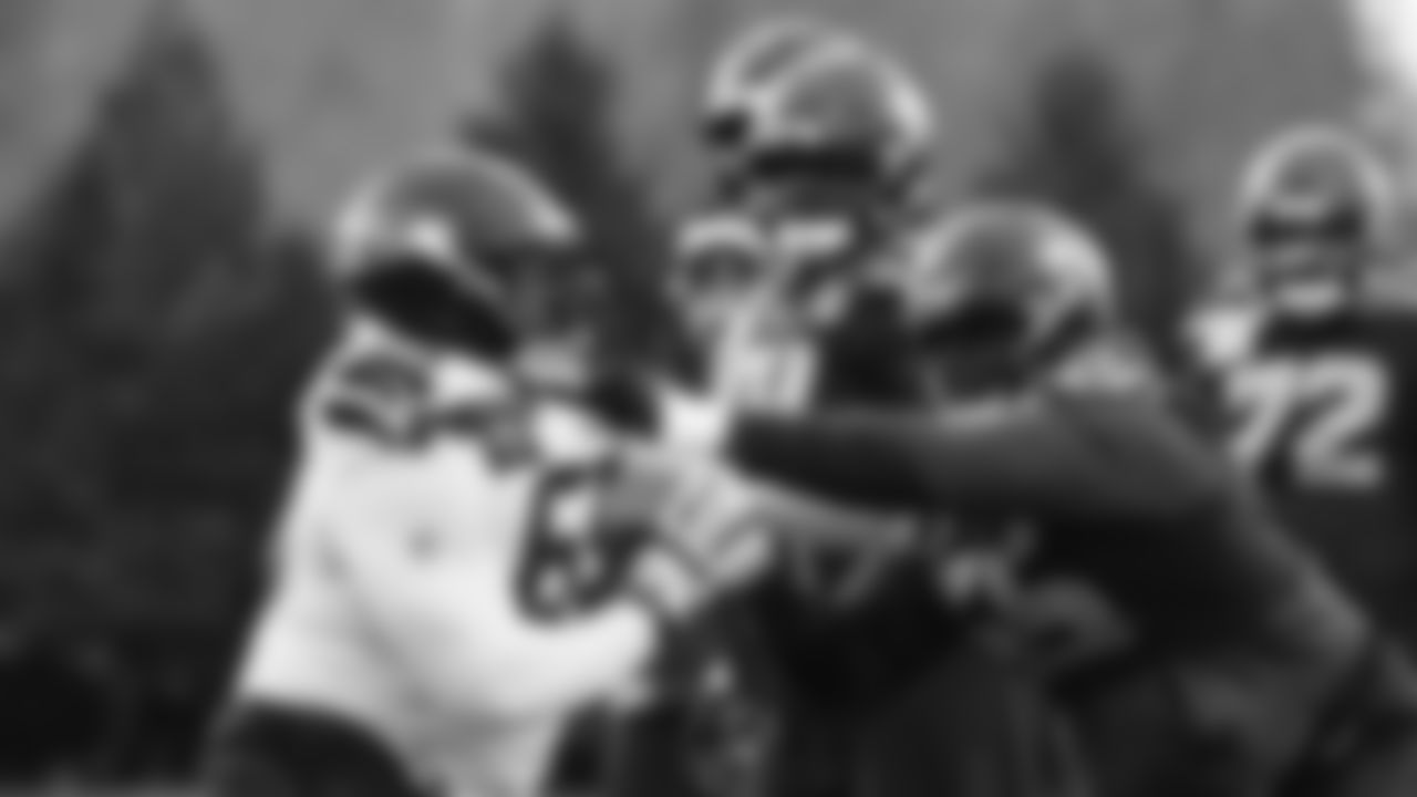 Seahawks center Olu Oluwatimi (55) practiced on Thursday, January 8, 2026 at the Virginia Mason Athletic Center.